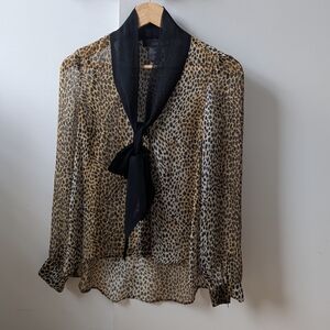 Leopard Print Sheer Silk Blouse with Black Tie Collar